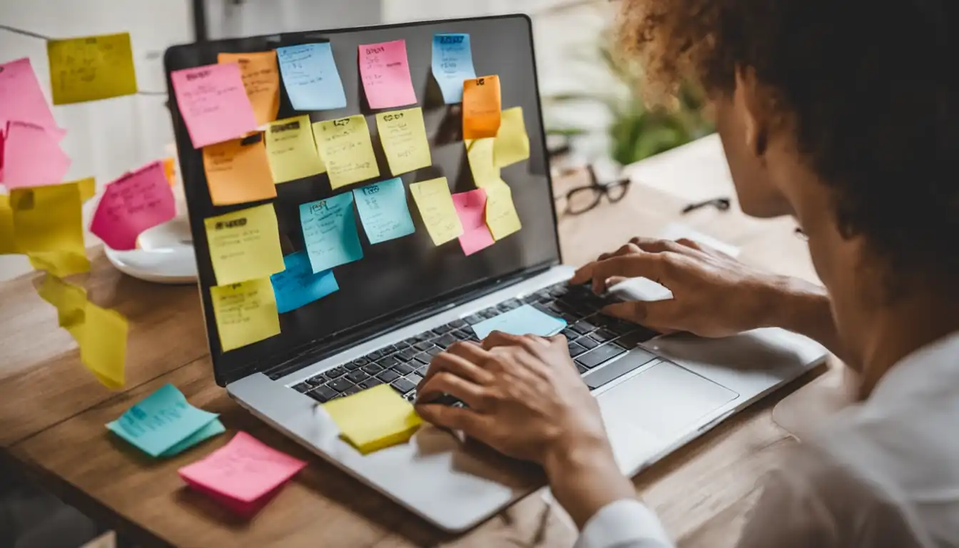 A person typing on a laptop surrounded by colorful sticky notes with SEO keywords and tips.