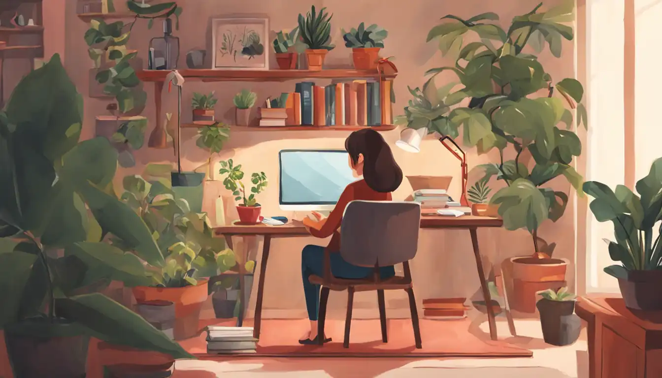 A cozy home office with a person typing on a laptop surrounded by plants and books.