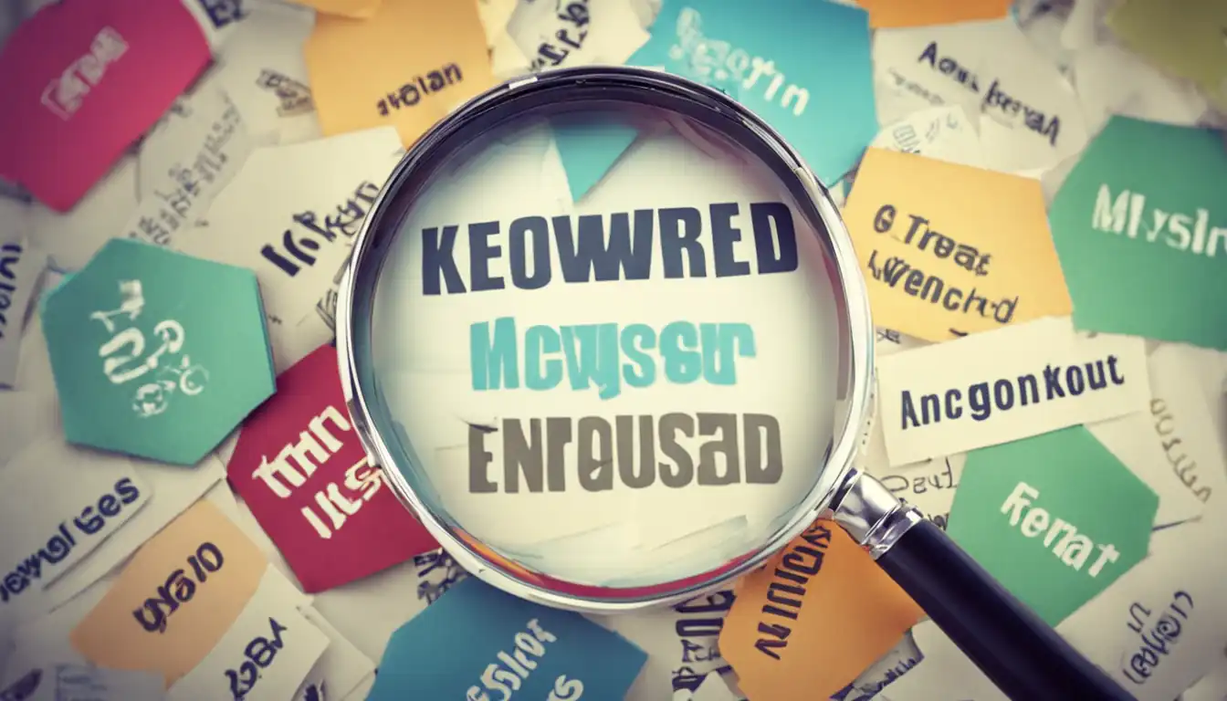 A colorful magnifying glass focusing on a keyword surrounded by related terms in a soft background.