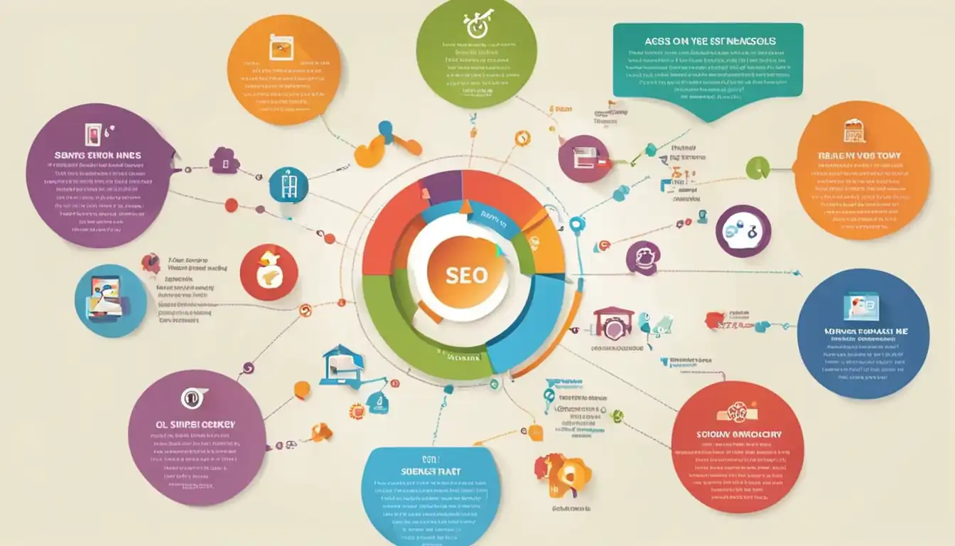 A colorful infographic showing SEO strategies tailored for a specific niche market, with engaging visuals and icons.