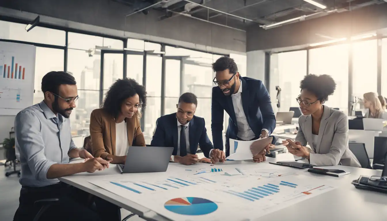 A diverse group of people analyzing data charts and graphs together in a modern office setting.