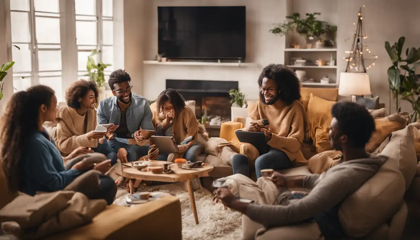 A diverse group of people engaging with personalized content on various digital devices in a cozy living room.