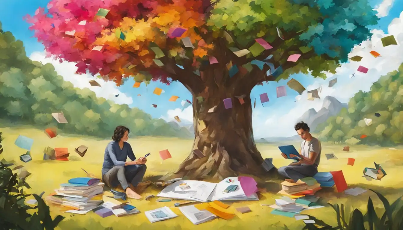 A person brainstorming under a tree, surrounded by colorful paper, pens, and inspirational objects.