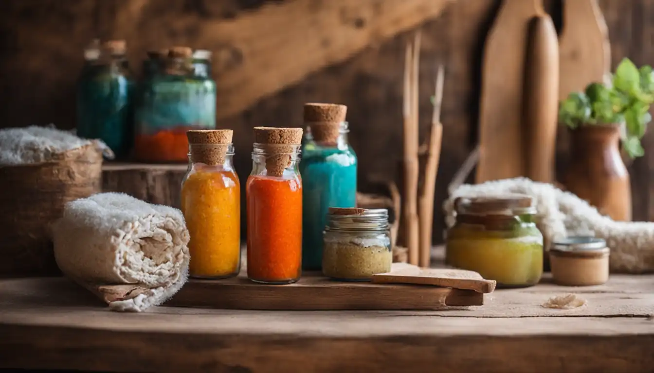 A colorful, handcrafted artisanal product displayed on a rustic wooden table in soft natural lighting.