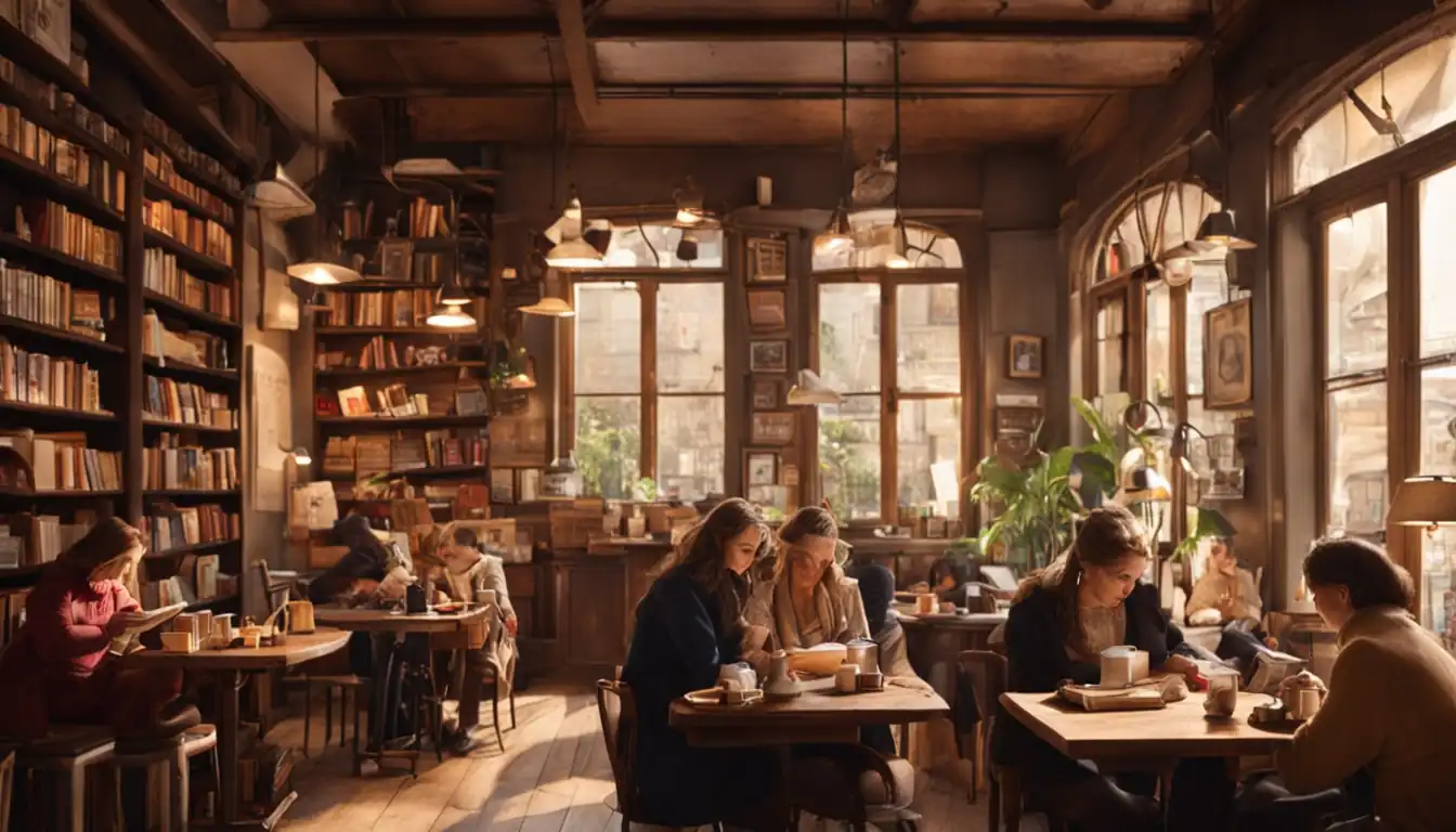 A cozy coffee shop with vintage decor, filled with bookshelves and patrons engrossed in reading.