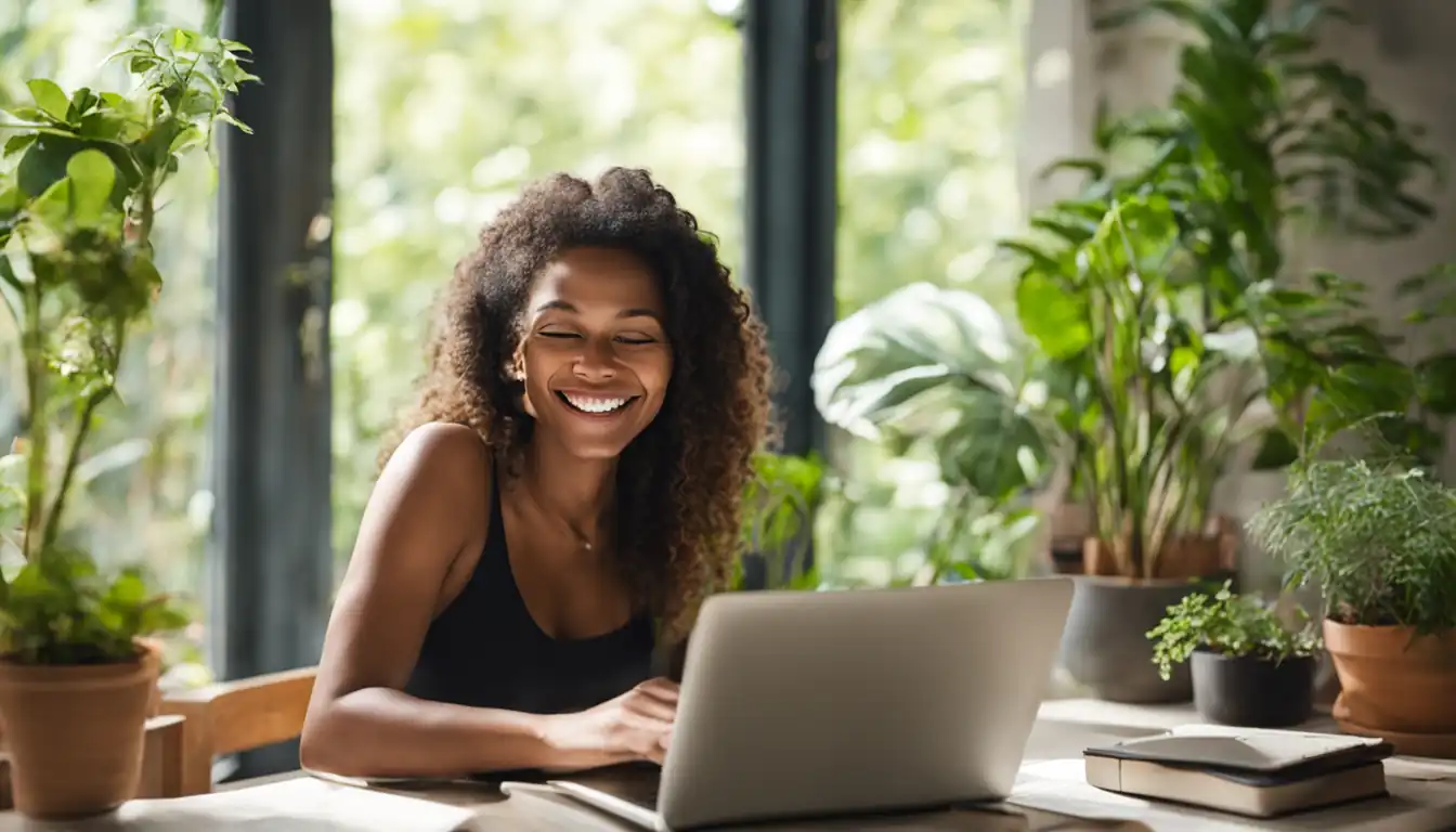 A smiling woman reading a captivating article on a laptop, surrounded by plants and natural light.