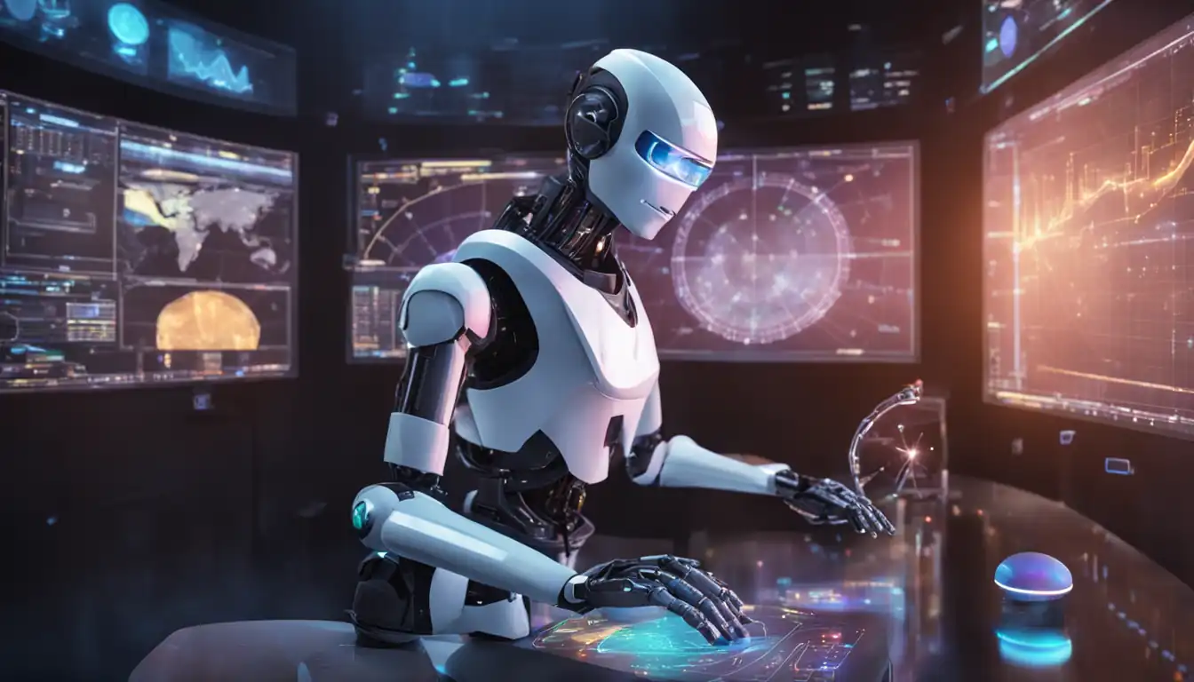 A futuristic robot analyzing data on a holographic screen, surrounded by glowing digital charts and graphs.