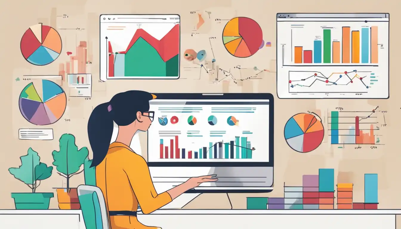 A person analyzing keyword data on a laptop, surrounded by colorful graphs and charts.