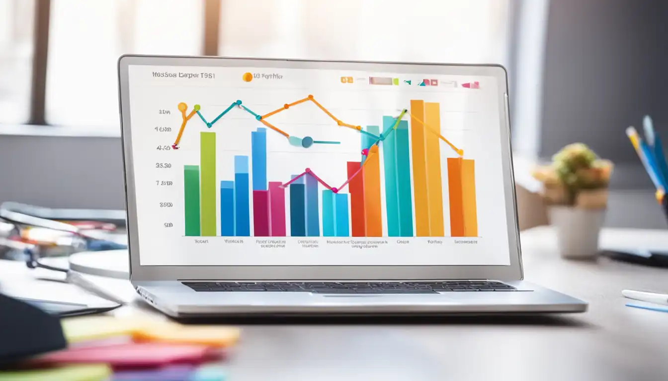 A laptop displaying a colorful graph showing increased website traffic and engagement metrics.