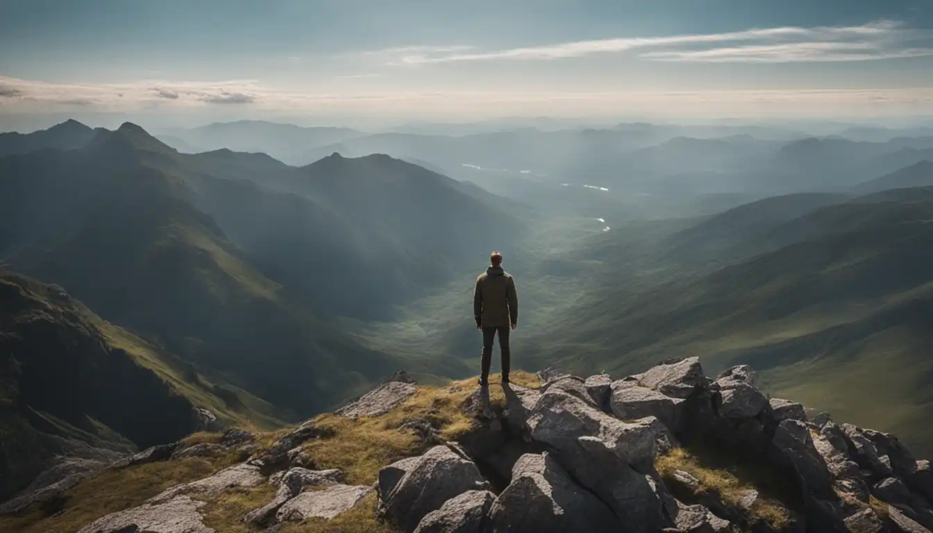 A person standing confidently at the top of a mountain, overlooking a vast and majestic landscape.