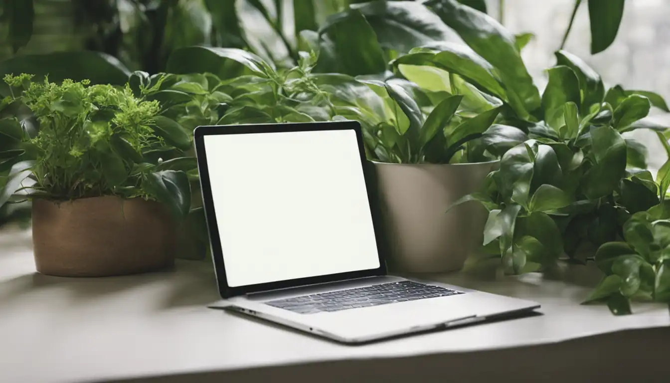 A serene image of a laptop surrounded by green plants, symbolizing focus and growth in niche blogging.