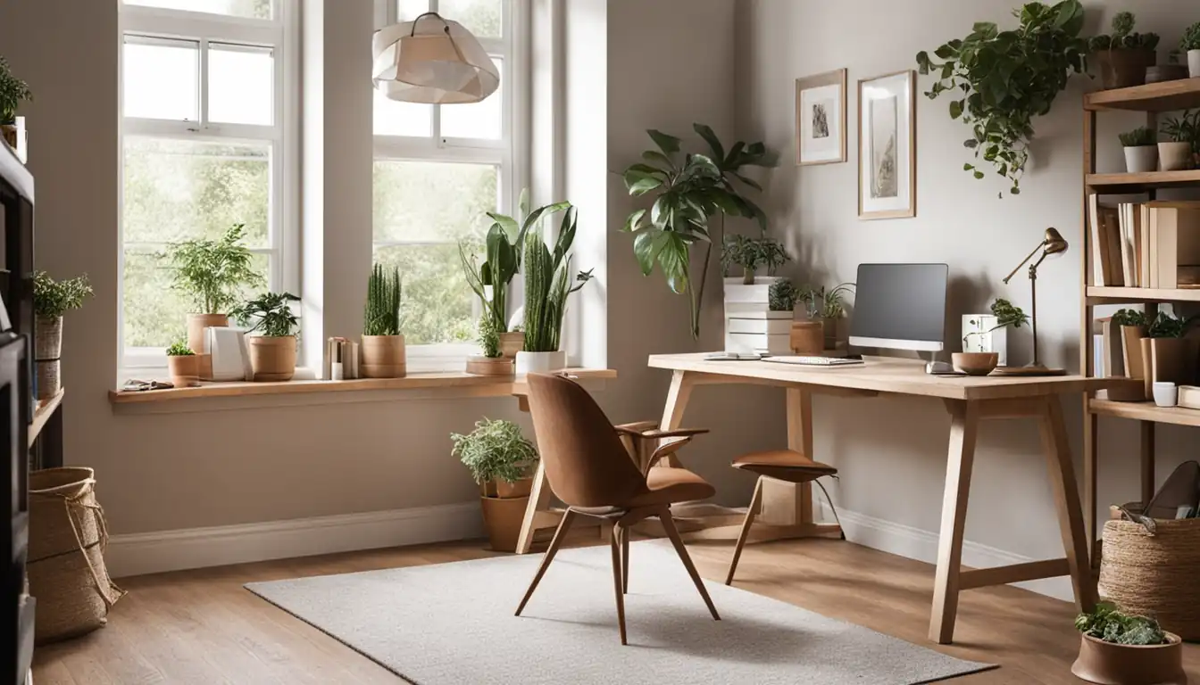 A cozy home office with a desk, computer, plants, and natural light for niche blogging inspiration.