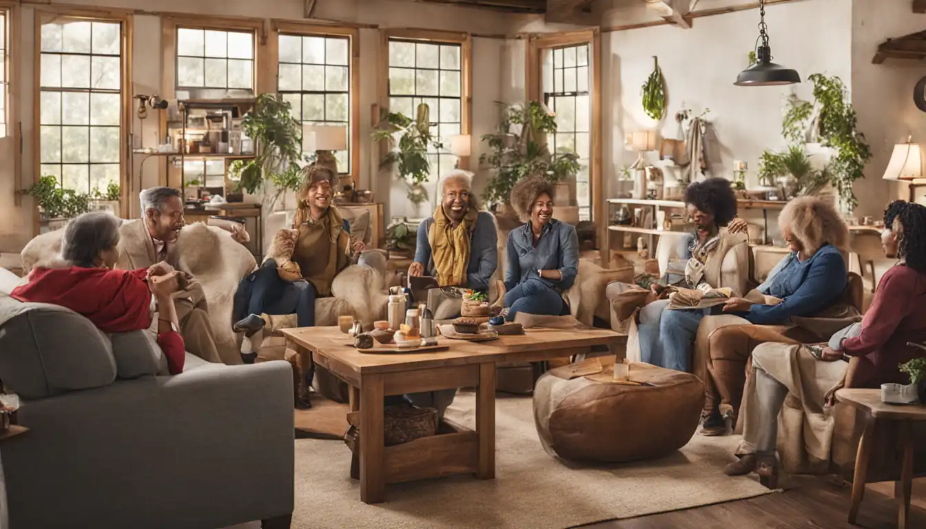 A diverse group of people engaging with unique, specialized products in a cozy, welcoming setting.