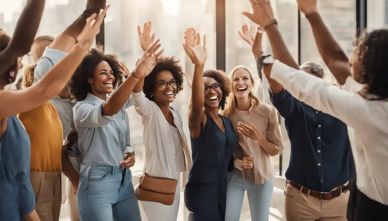 A diverse group of professionals celebrating with high-fives and smiles after a successful content marketing campaign.