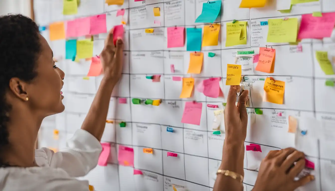 A person using a vibrant, organized content calendar with colorful labels and sticky notes.