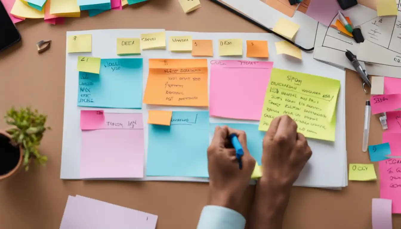 A person using colorful sticky notes and markers to brainstorm and organize ideas for content planning.