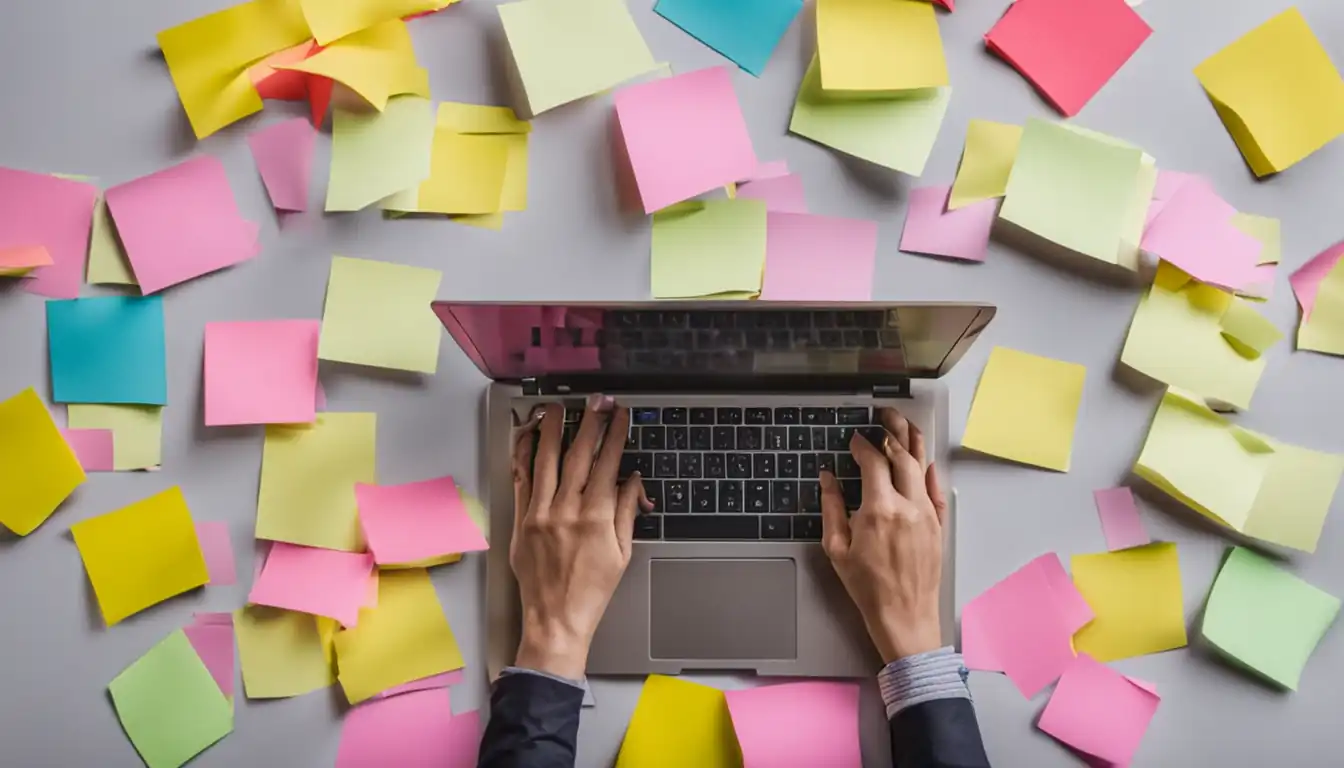 A person typing on a laptop surrounded by colorful sticky notes and brainstorming ideas.