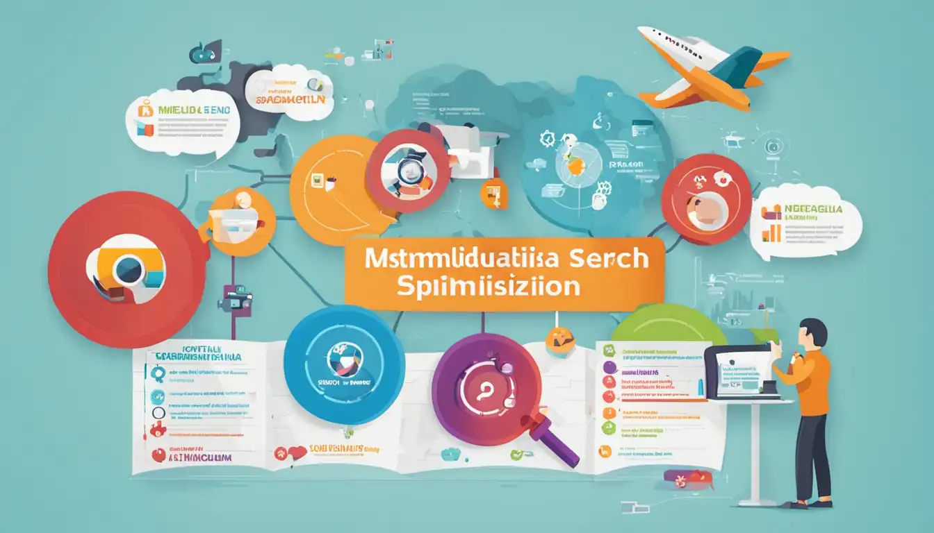 A colorful infographic showing the relationship between multimedia elements and search engine optimization strategies.