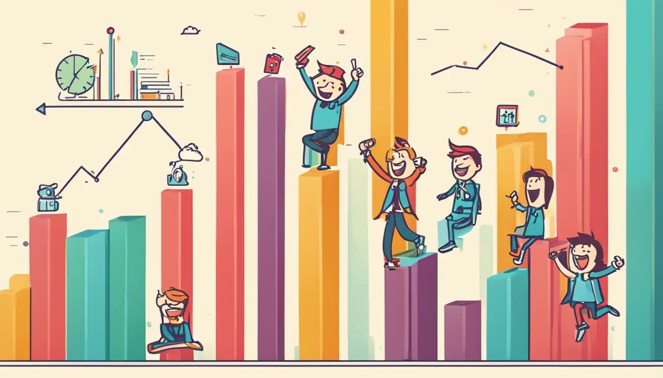 A colorful bar graph showing significant growth in website traffic, with a smiling cartoon character celebrating.