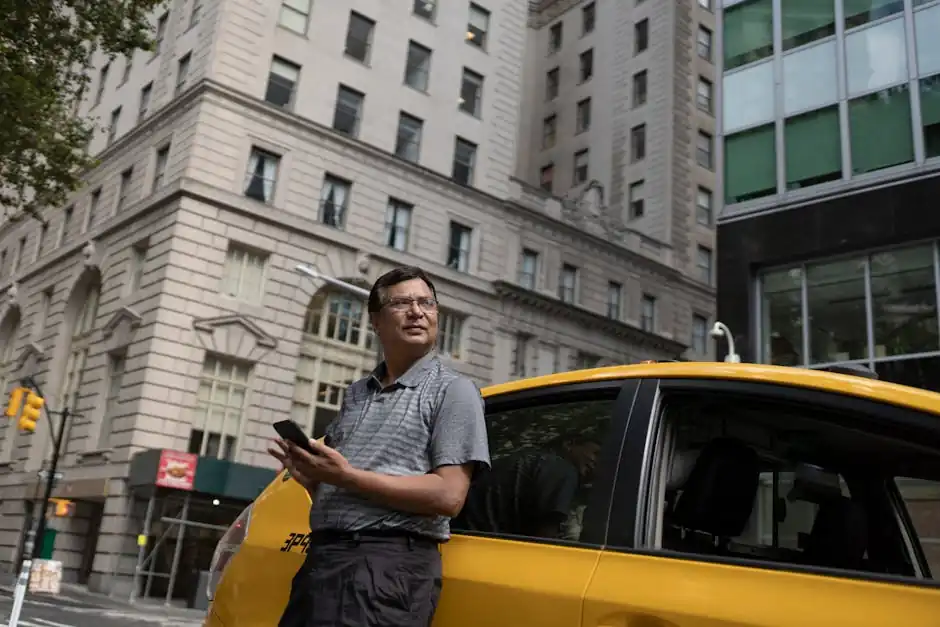 Low angle of serious ethnic male scrolling mobile phone while leaning on yellow car in downtown