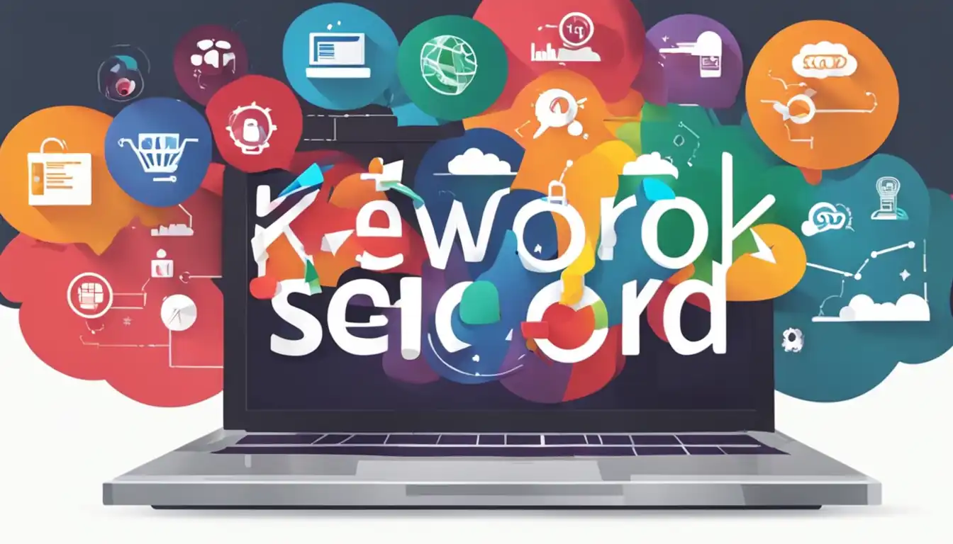 A laptop with a colorful keyword cloud hovering above it, representing diverse keyword integration for SEO.