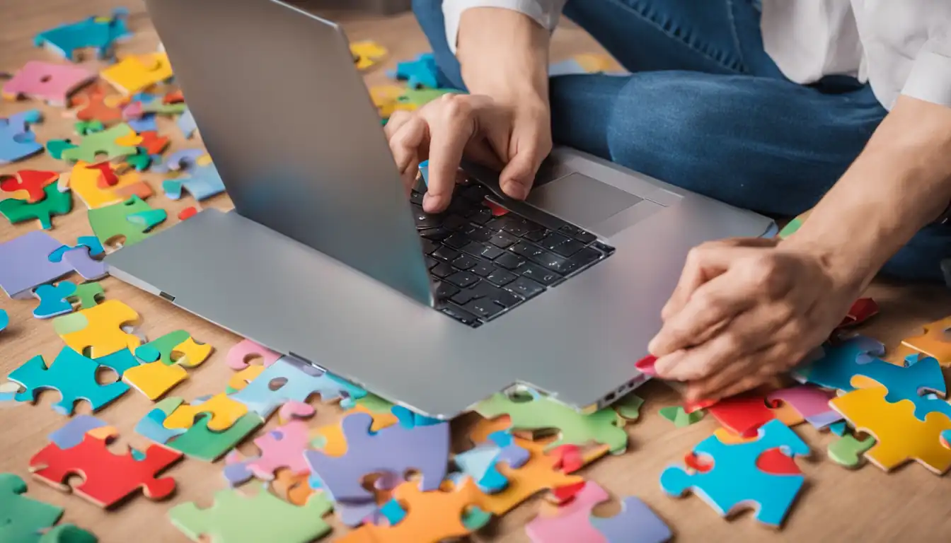 A person writing on a laptop surrounded by various colorful and interconnected puzzle pieces.