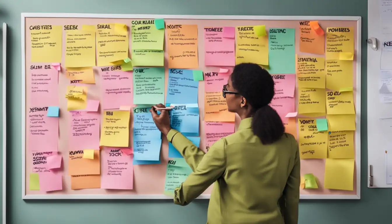 A person organizing colorful SEO keywords on a bulletin board with sticky notes and markers.