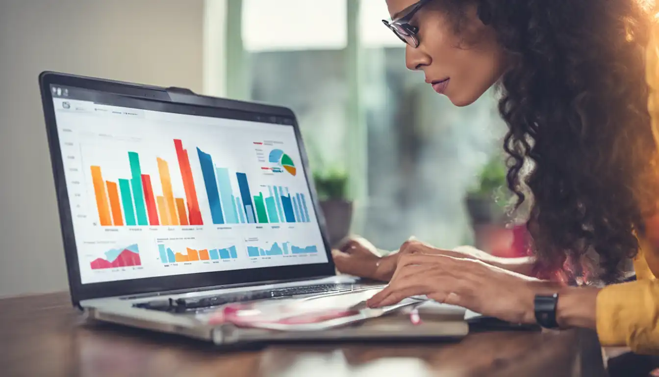 A person analyzing a colorful graph of website traffic data on a laptop screen.