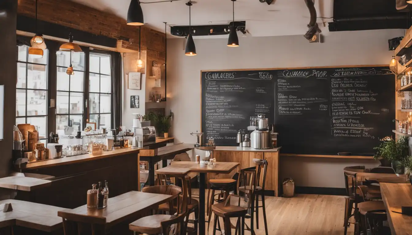 A cozy coffee shop with a chalkboard menu, showcasing a variety of unique and niche beverages.