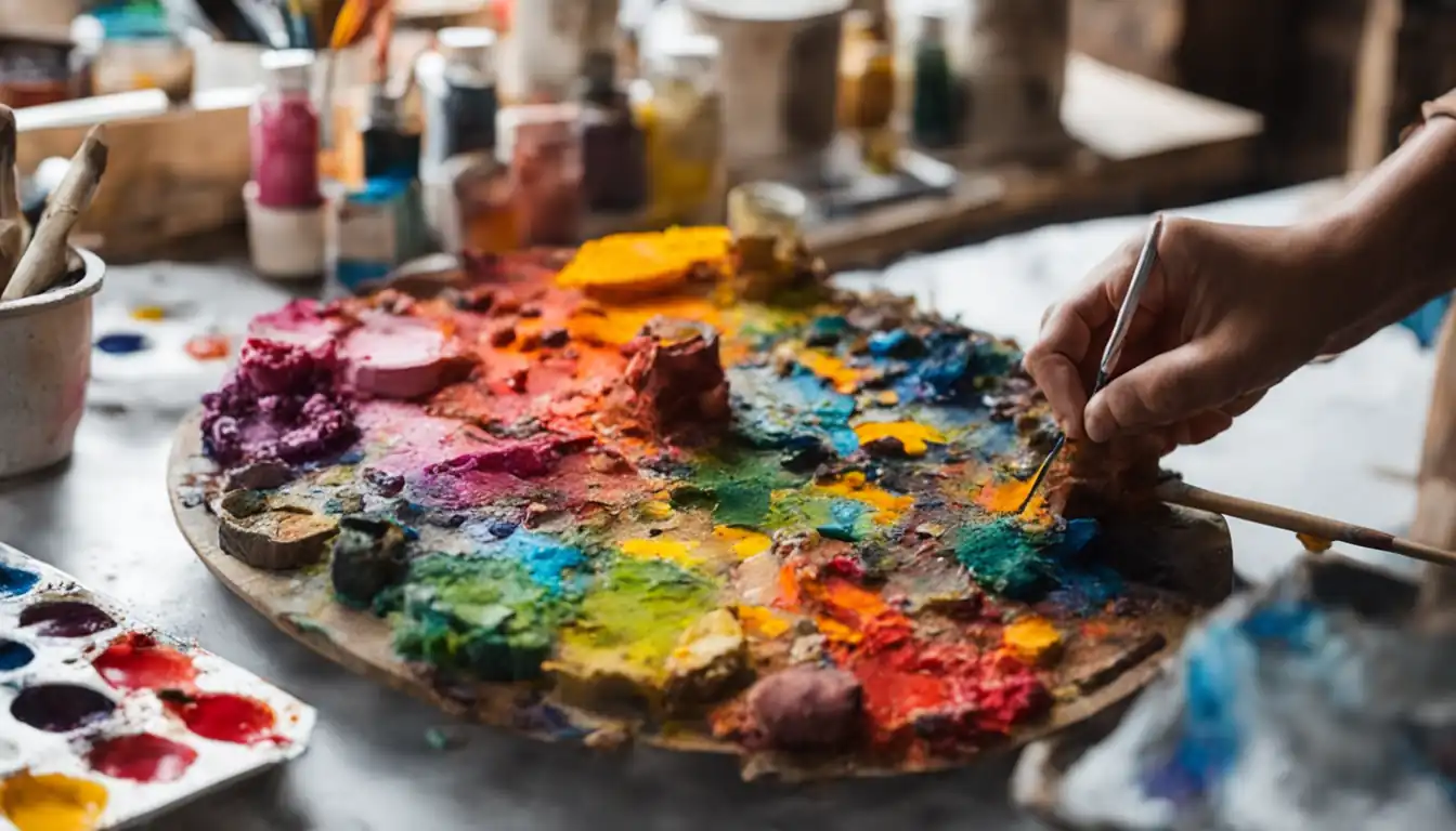 An artist using a colorful palette and paintbrush to create a vibrant and unique piece of artwork.