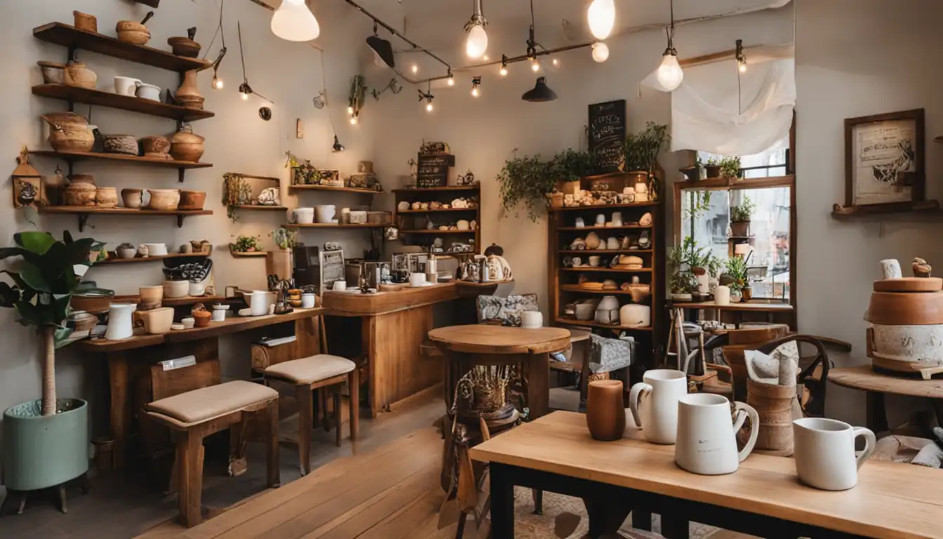 A cozy coffee shop with unique decor, showcasing a variety of handmade ceramic mugs and vintage furniture.