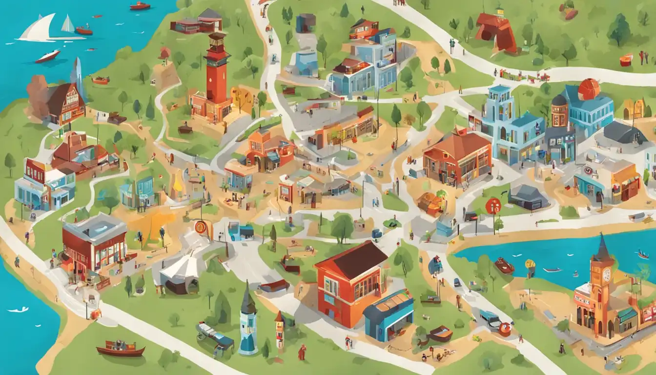 A colorful map with local landmarks, businesses, and icons representing different aspects of the community.