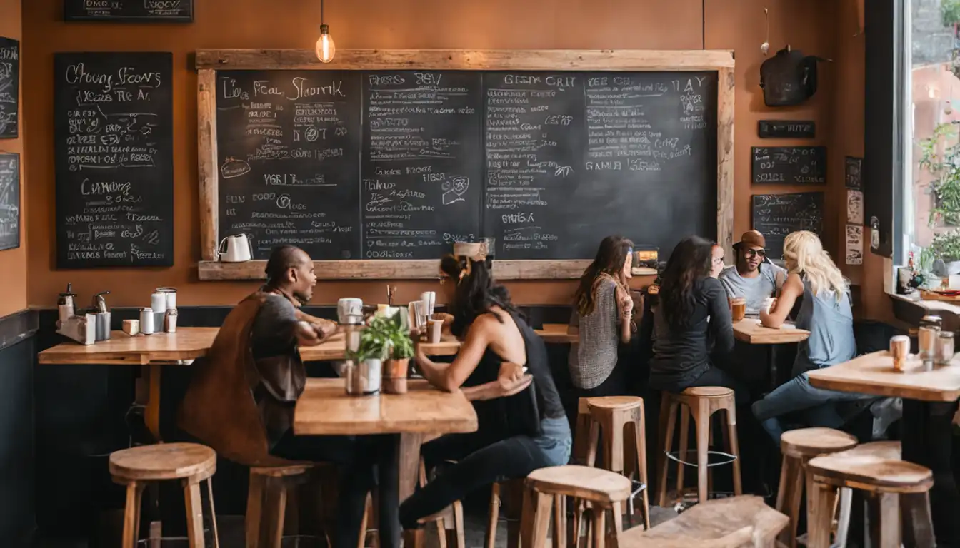 A cozy coffee shop with a chalkboard menu, local art, and customers enjoying their drinks.