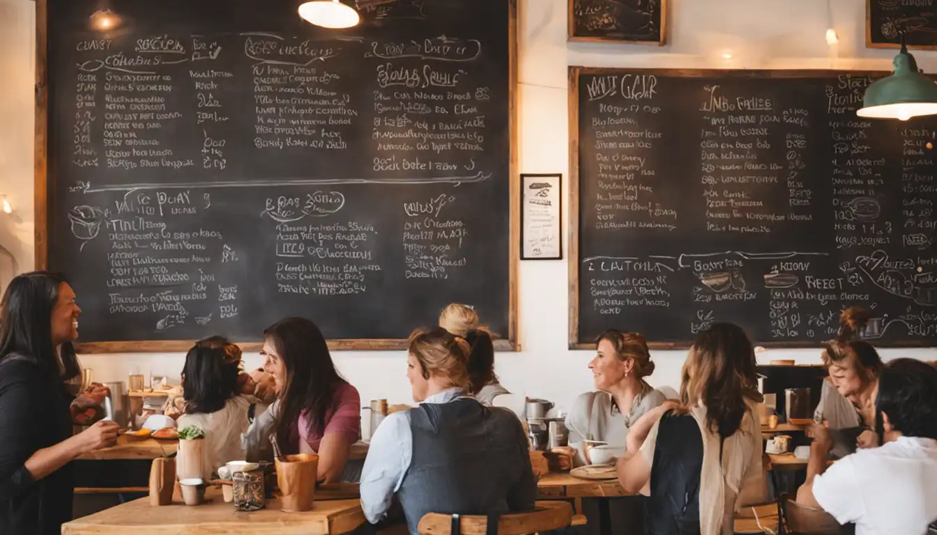 A cozy cafe with a chalkboard menu, local artwork, and customers enjoying coffee and pastries.