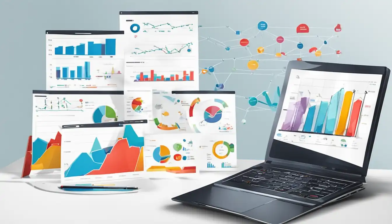 A sleek, modern laptop displaying colorful graphs and charts related to SEO performance analysis.