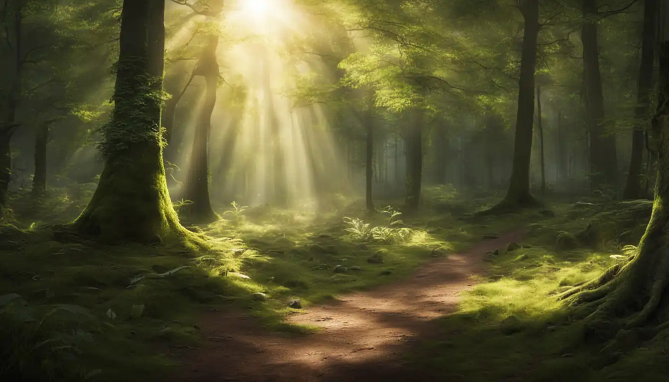 A serene forest clearing with sunlight filtering through the trees, creating a peaceful and inviting atmosphere.