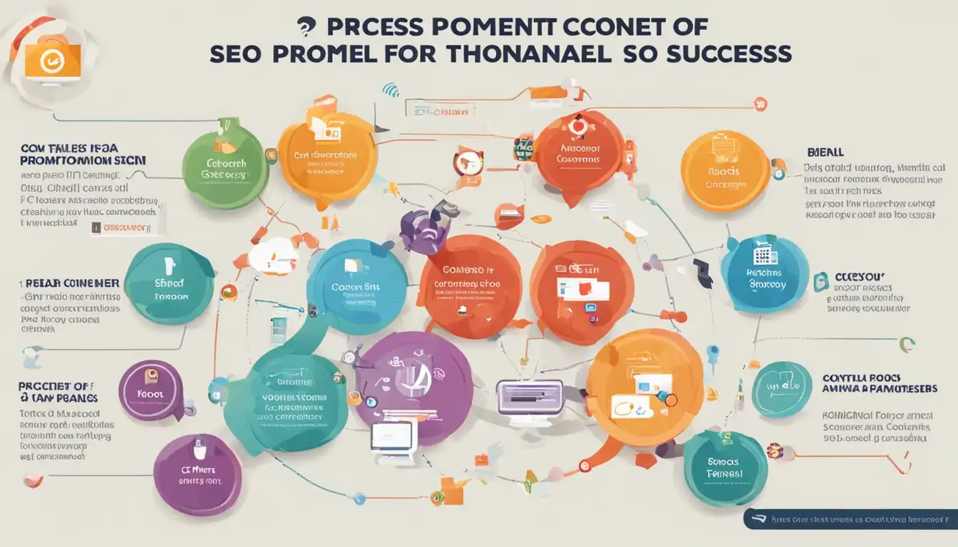 A colorful infographic showing the process of content promotion through various digital channels for SEO success.