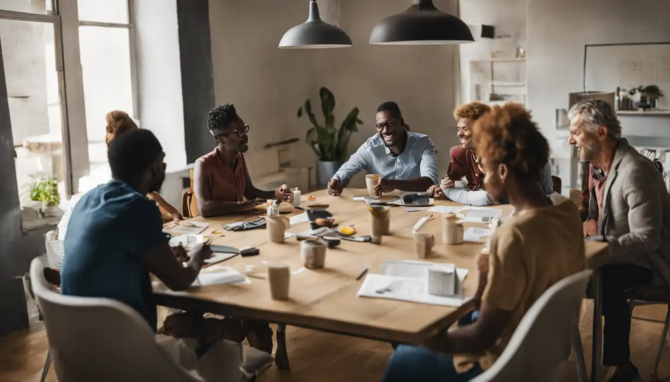 A diverse group of people sitting around a table, sharing ideas and collaborating creatively.