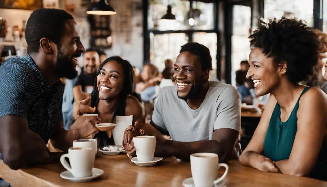 A diverse group of people smiling and engaging in conversation at a coffee shop.