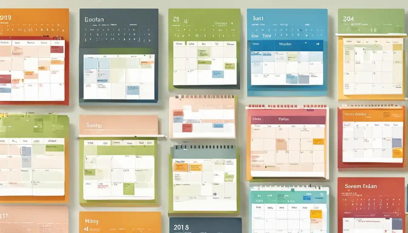 A colorful, organized calendar with labeled sections for different content types and posting dates.