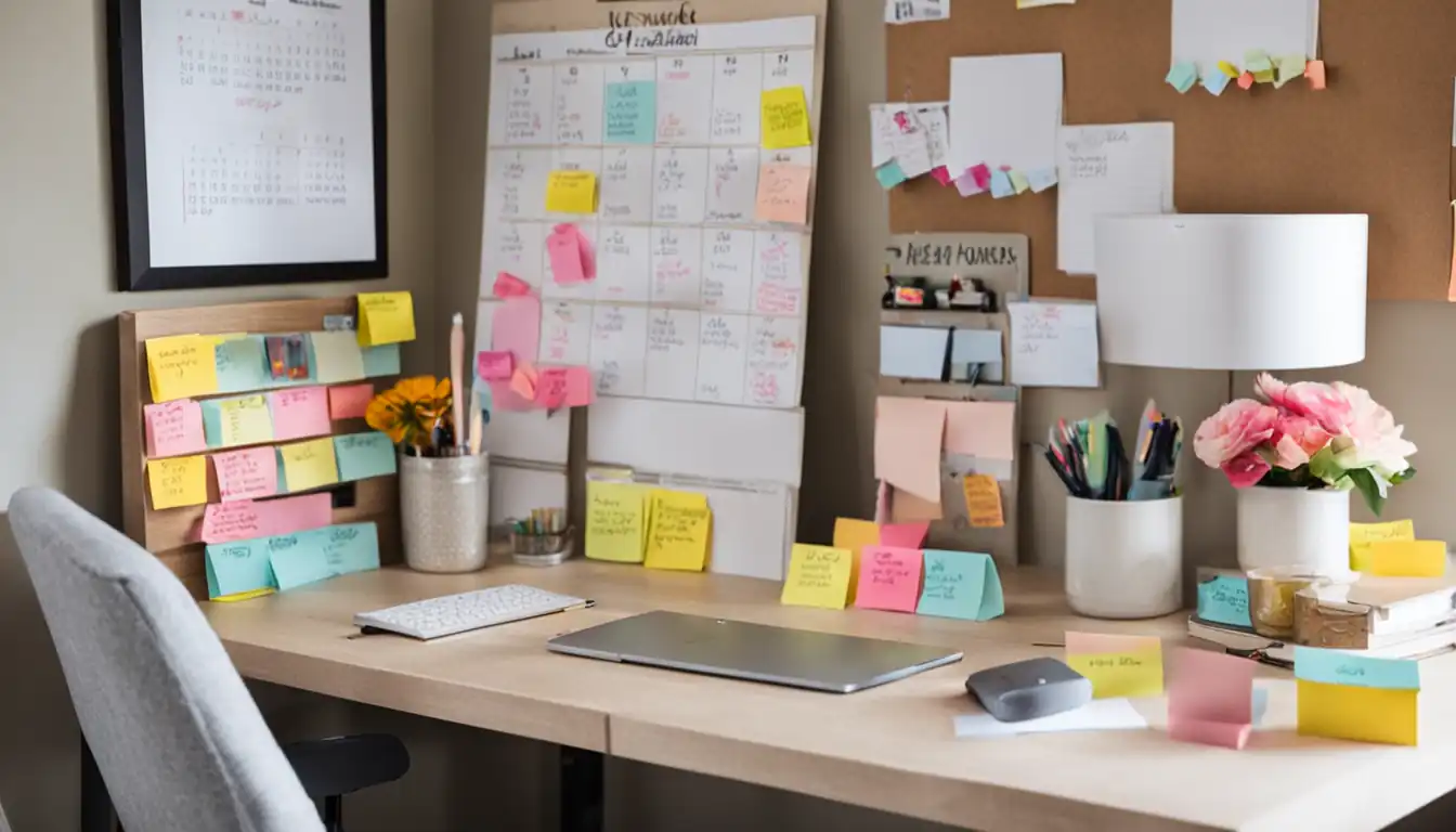 A cozy home office with a calendar filled with colorful sticky notes and inspirational quotes.