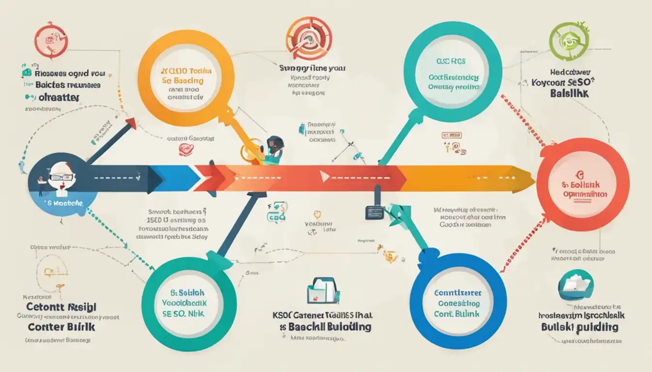 A colorful infographic showing the relationship between keyword research, content optimization, and backlink building for SEO strategy.