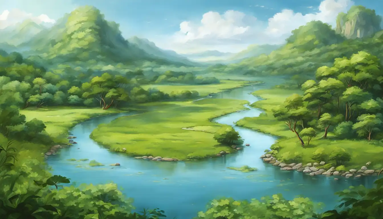 A serene landscape with a winding river, lush greenery, and a clear blue sky.