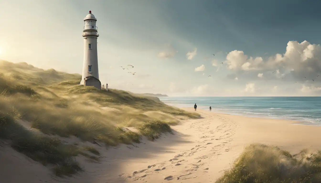 A serene beach with a clear path leading towards a distant lighthouse, symbolizing progress and direction.