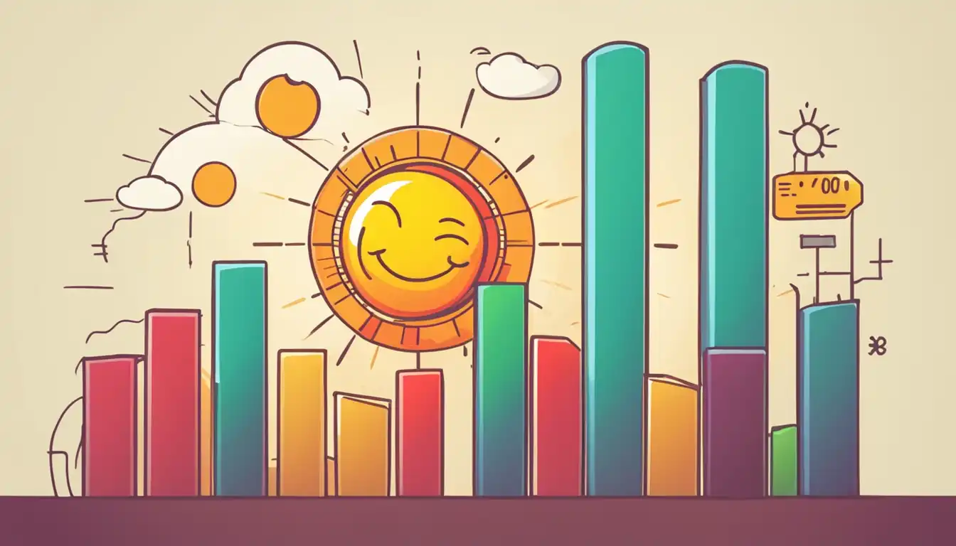 A colorful bar graph showing an increase in website traffic over time, with a smiling sun in the background.