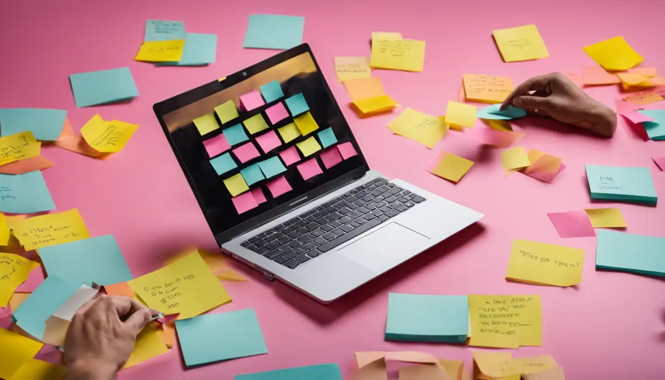 A person crafting a personalized outreach message on a laptop surrounded by colorful sticky notes.