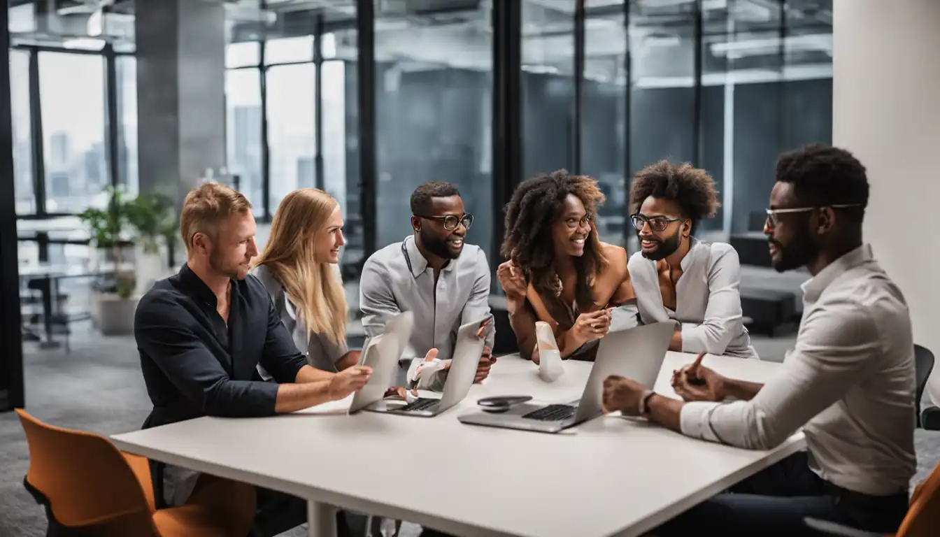 A diverse group of young professionals discussing marketing strategies in a modern office setting.