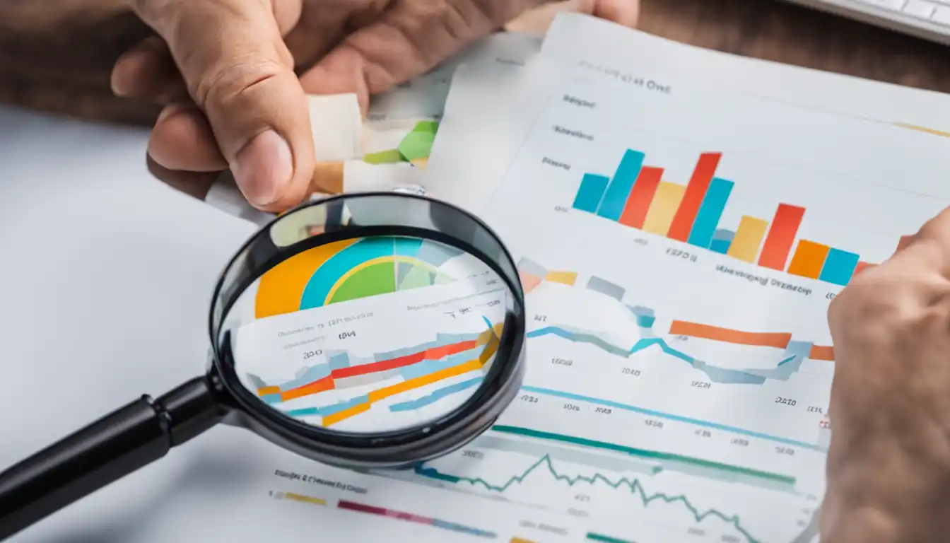 A person using a magnifying glass to analyze a colorful graph showing website engagement metrics.