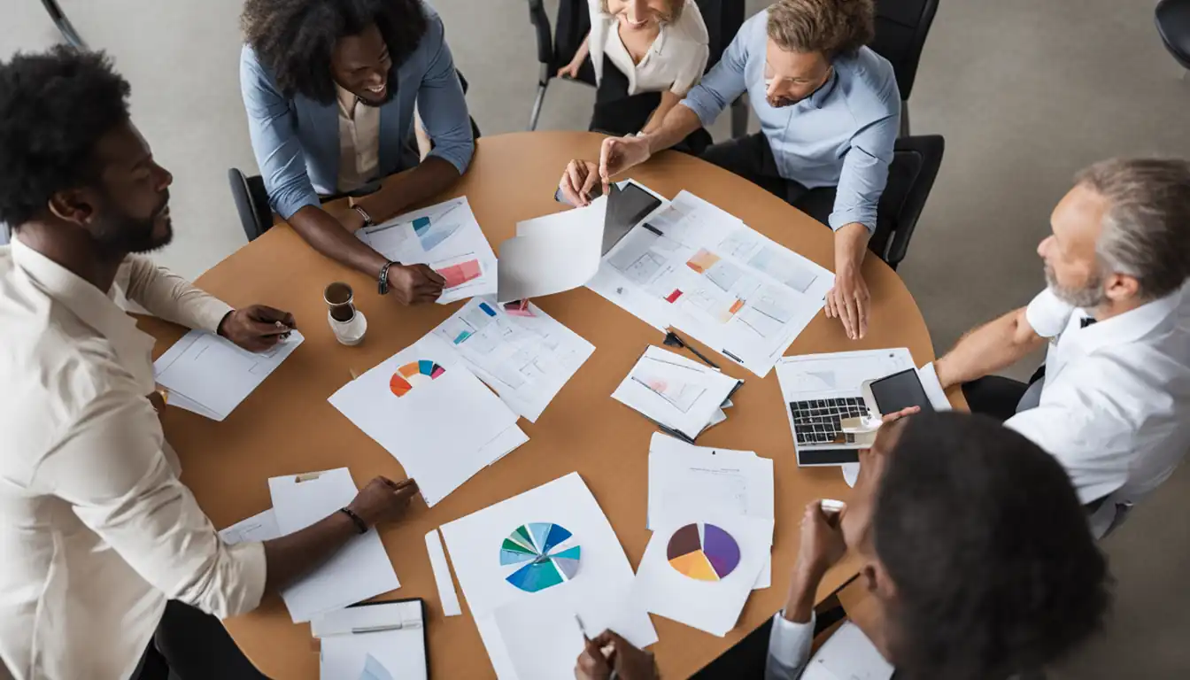 A diverse group of professionals brainstorming ideas around a table, collaborating creatively and effectively.