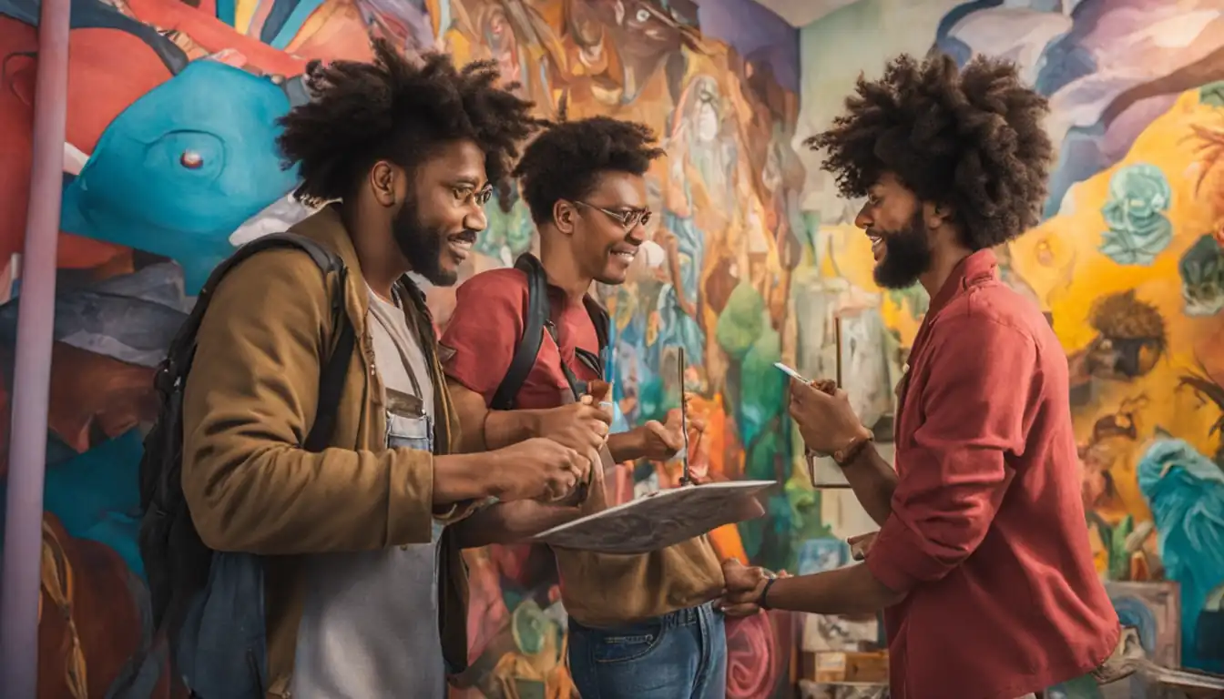 Two diverse creators collaborating on a colorful mural depicting their unique styles and interests.